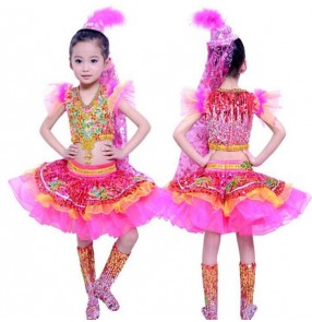 Fuchsia gold patchwork girls kids children v neck  modern stage performance jazz dance costumes split dresses sets 